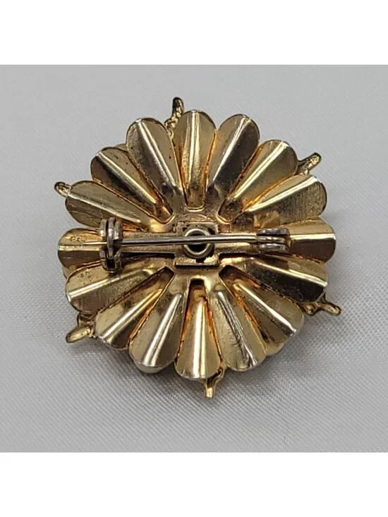 Vtg Gold-Tone Rhinestone Starburst Brooch Pin Turquoise & Clear Crystals Floral - Picture 9 of 10